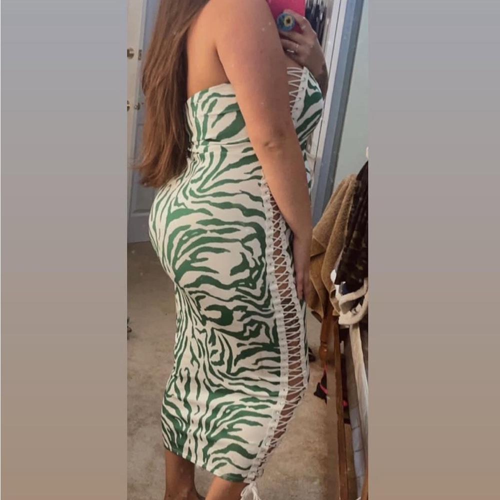 Fashion Nova Strapless Green and Cream Dress